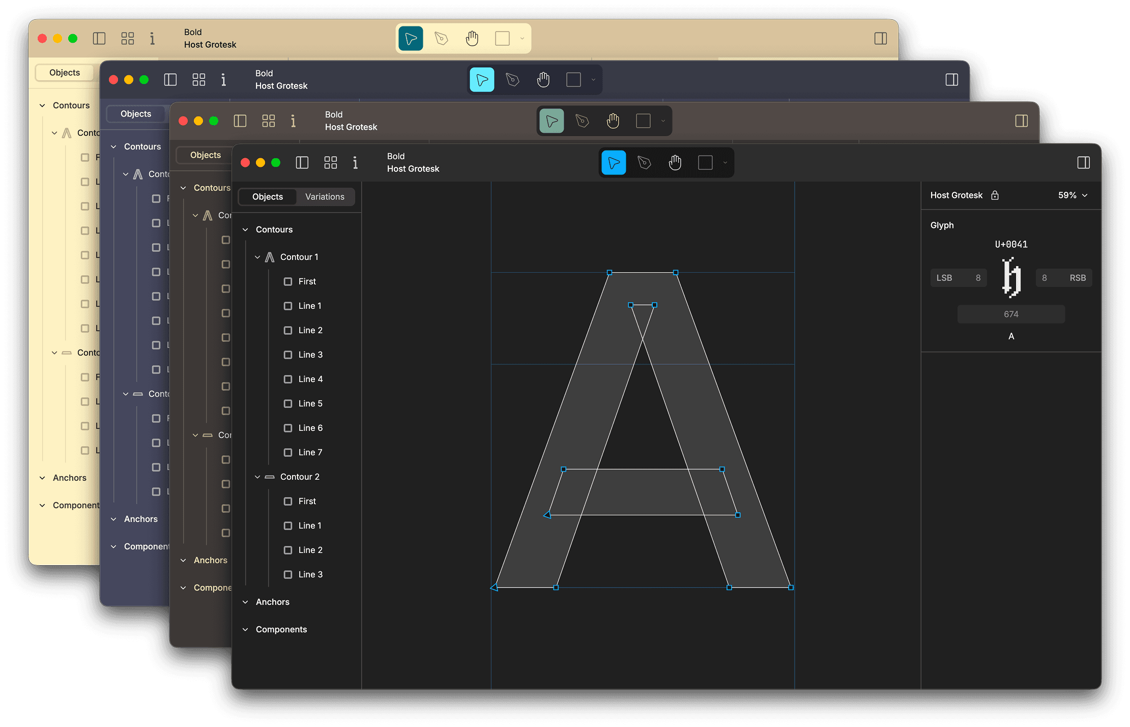 Four Shift editor windows stacked, each in a different color theme