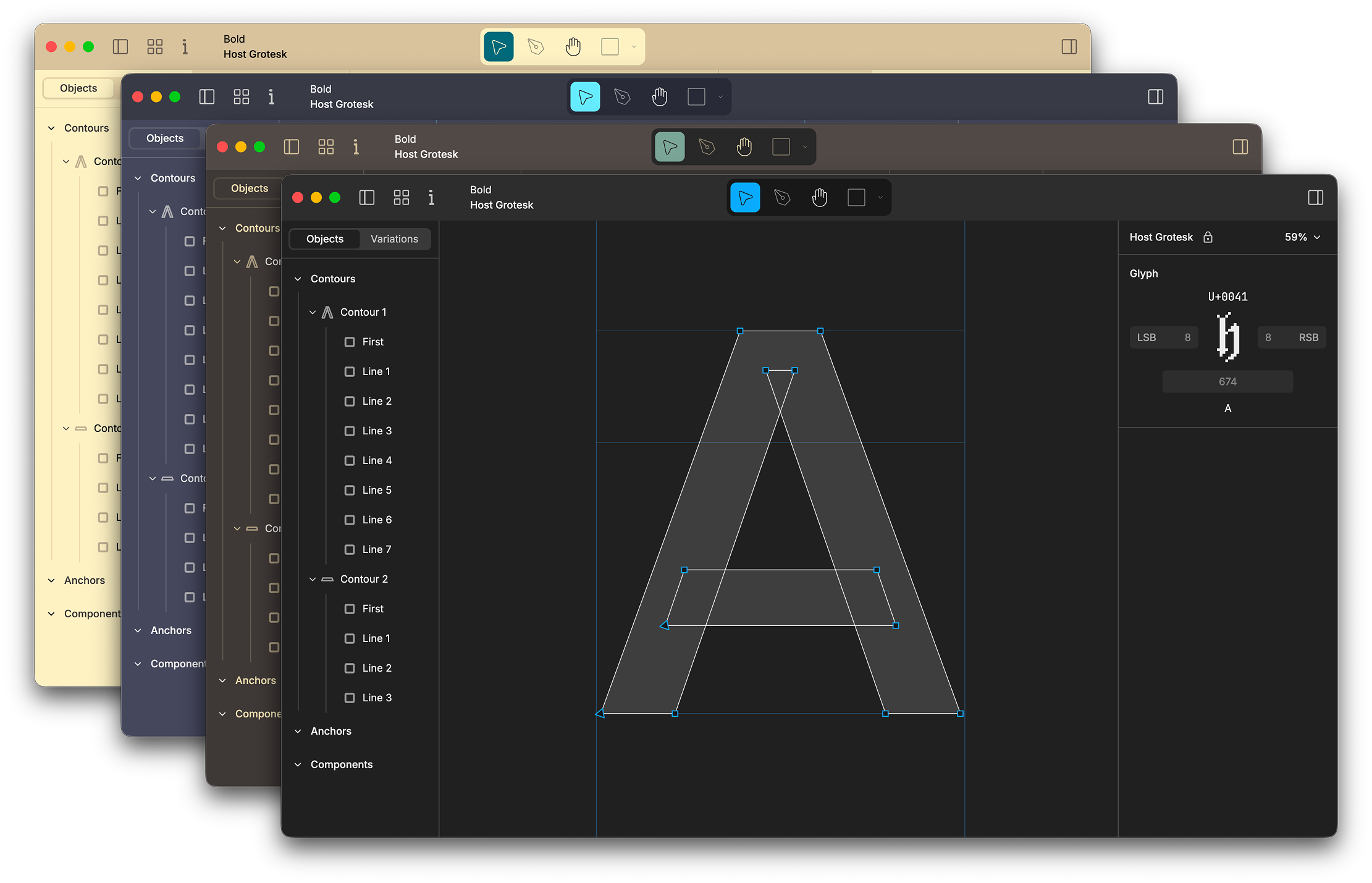 Four Shift editor windows stacked, each in a different color theme
